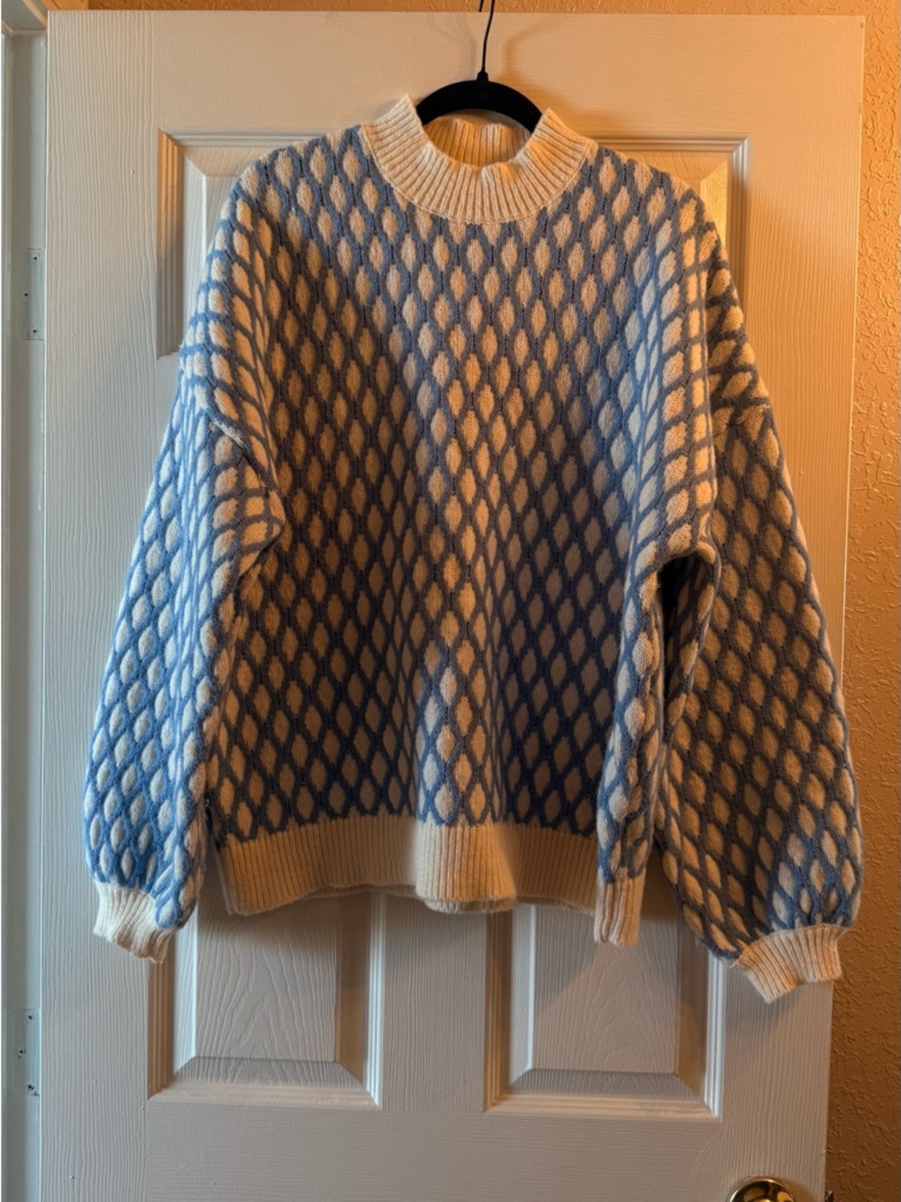 Gilli Blue and Cream Diamond-Pattern Turtleneck Sweater